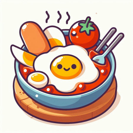 Fried eggs in a bowl with bread and vegetables. Vector illustration.のイラスト素材