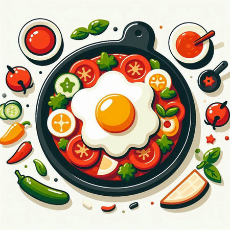 Fried egg in a frying pan with vegetables. Vector illustration.のイラスト素材