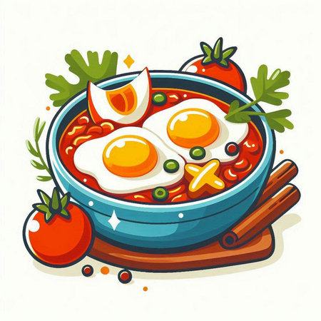 Tomato soup with egg, tomato and parsley. Vector illustration.のイラスト素材