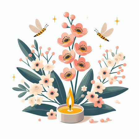 Flower arrangement with candle and bees. Vector illustration. EPS10のイラスト素材