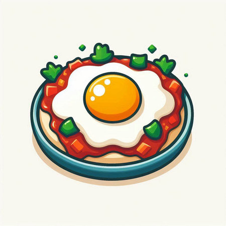 Fried egg with tomato, onion and parsley. Vector illustration.のイラスト素材