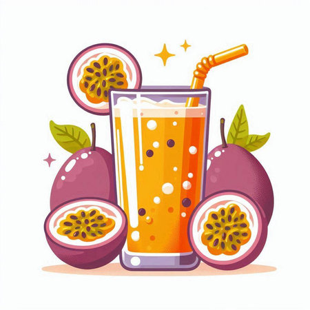 Passion fruit juice in a glass with a straw. Vector illustration.のイラスト素材
