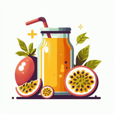 Passion fruit smoothie in glass jar with straw vector illustration.のイラスト素材