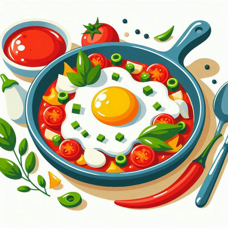 Illustration of fried egg in a frying pan with vegetables and herbsのイラスト素材