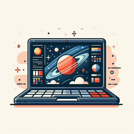 Laptop with planets on screen. Vector illustration in flat style.のイラスト素材
