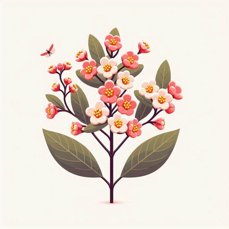 Cherry blossom branch with flowers and leaves. Vector illustration.のイラスト素材