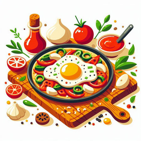 Illustration of fried egg in a frying pan with vegetables and spicesのイラスト素材