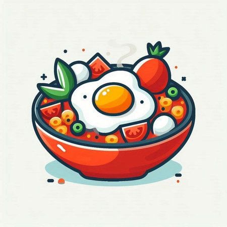 Bowl of salad with fried egg, tomato, pepper, onion and basil. Vector illustration.のイラスト素材