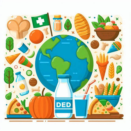 World food day concept with food and drinks icons. Vector illustration.のイラスト素材