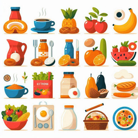 Healthy food icons set. Cartoon set of healthy food vector icons for web designのイラスト素材