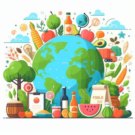 Vector illustration of World environment day concept. Earth with food and drinks.のイラスト素材