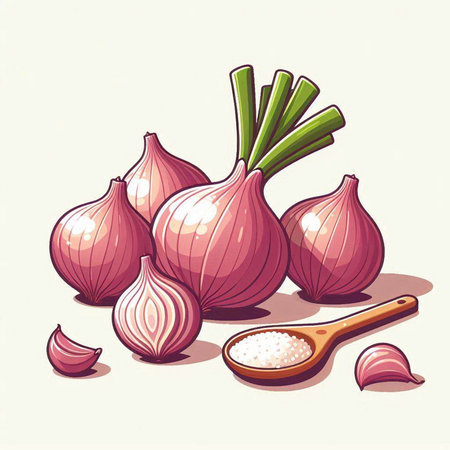 Illustration of onions, garlic and salt on a white background.のイラスト素材