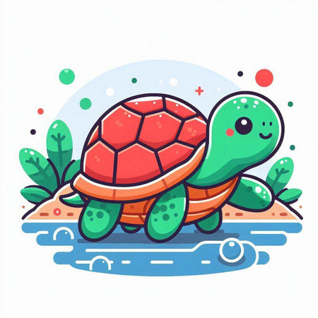 Cute cartoon turtle on the beach. Colorful vector illustration.のイラスト素材