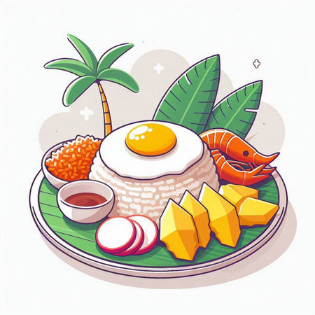 Illustration of rice with fried egg, shrimp, mango and coconutのイラスト素材