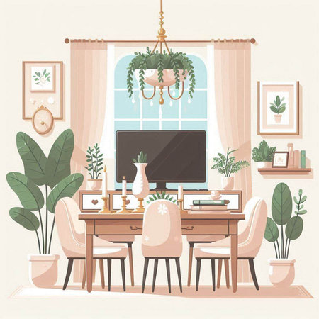 Interior of living room with furniture and plants. Vector illustration.のイラスト素材