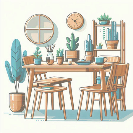 Dining room interior with furniture, table, chairs and plants. Vector illustration.のイラスト素材