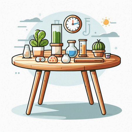 Illustration of a wooden table with different plants and a clock.のイラスト素材