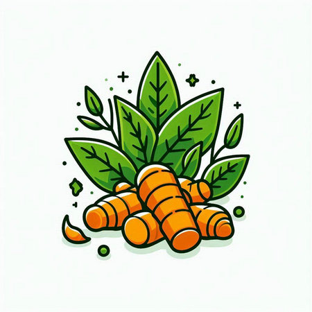 Turmeric vector illustration. Hand drawn fresh turmeric with green leaves.のイラスト素材