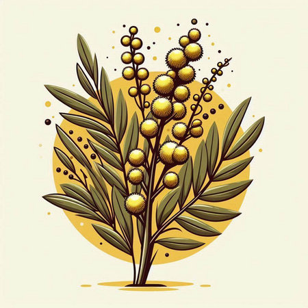 Mimosa branch with flowers and leaves. Hand drawn vector illustration.のイラスト素材