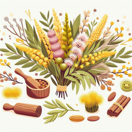 Vector illustration of a bouquet of mimosa, cinnamon sticks, anise.のイラスト素材
