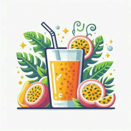 Vector illustration of a glass of passion fruit juice with a straw.のイラスト素材