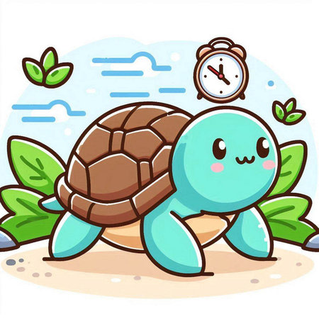 Illustration of a Cute Turtle Cartoon Character with a Clock on the Beachのイラスト素材