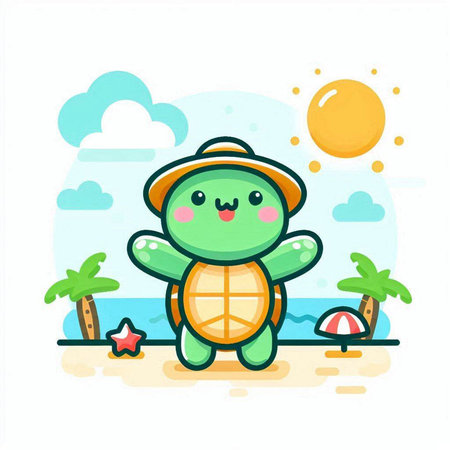 Cute turtle on the seashore. Vector illustration in cartoon styleのイラスト素材