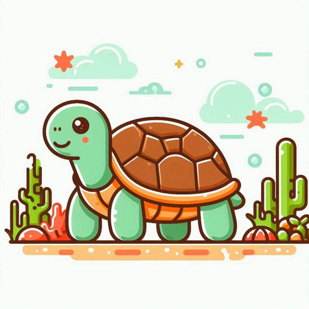 Cute cartoon turtle in the desert. Colorful vector illustration.のイラスト素材