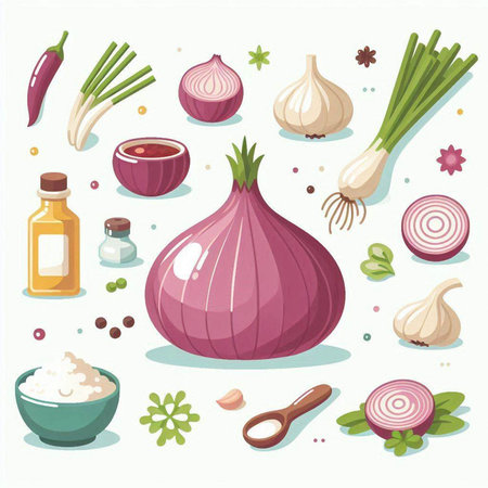 Garlic, onion, garlic, salt, pepper and spices. Vector illustration.のイラスト素材