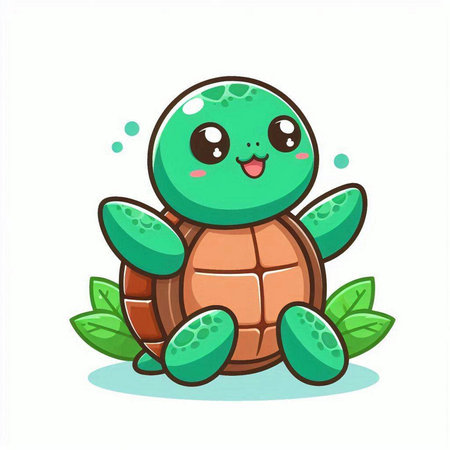 Cute cartoon turtle with leaves. Vector illustration isolated on white background.のイラスト素材