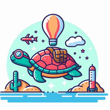 Turtle flying on a balloon in the sky. Vector illustration.のイラスト素材
