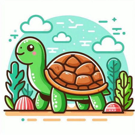 Cute Cartoon Tortoise Vector Illustration. Cute Green Turtle Characterのイラスト素材