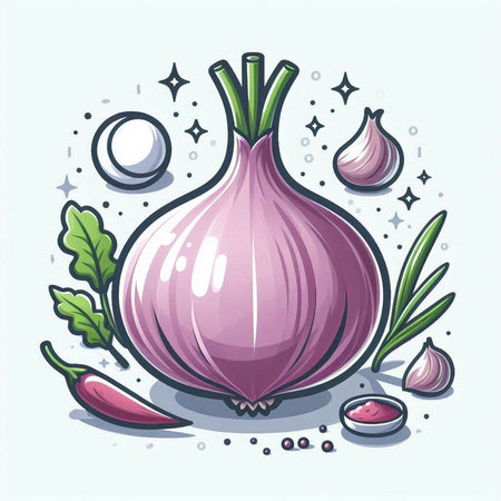 Illustration of a fresh onion with ingredients for cooking, vector illustrationのイラスト素材