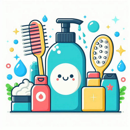 Vector illustration of cute cartoon character with shampoo, shower gel, brush, hairbrush and shampoo bottle.のイラスト素材