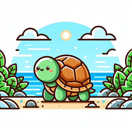 Cute turtle on the beach. Vector illustration in cartoon style.のイラスト素材