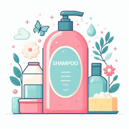 Cosmetic products. Bottle of shampoo, cream, lotion, shower gel, soap, shower gel. Vector illustrationのイラスト素材