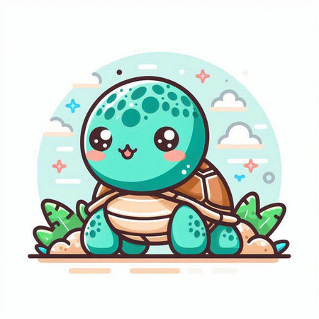 Cute cartoon turtle sitting on the stone. Vector illustration in a flat style.のイラスト素材