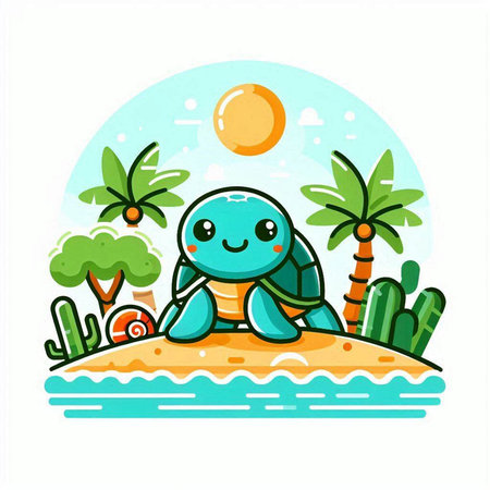Cute turtle sitting on the beach. Vector illustration in cartoon style.のイラスト素材