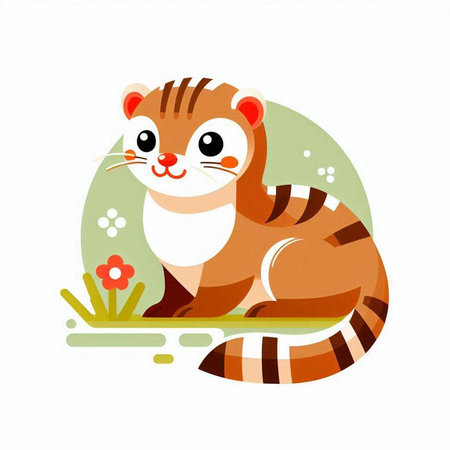 Vector illustration of a cute tiger sitting on the ground with flowers.のイラスト素材