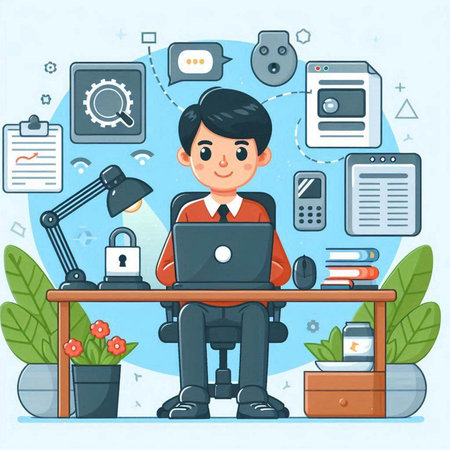 Businessman sitting at the desk with laptop. Vector illustration in cartoon style.のイラスト素材