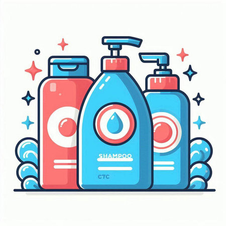 Cosmetic bottles with liquid soap. Vector illustration in flat style.のイラスト素材