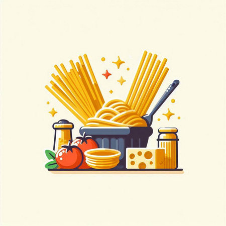 Italian food vector illustration. Pasta, spaghetti, cheese, tomato, pepper.のイラスト素材