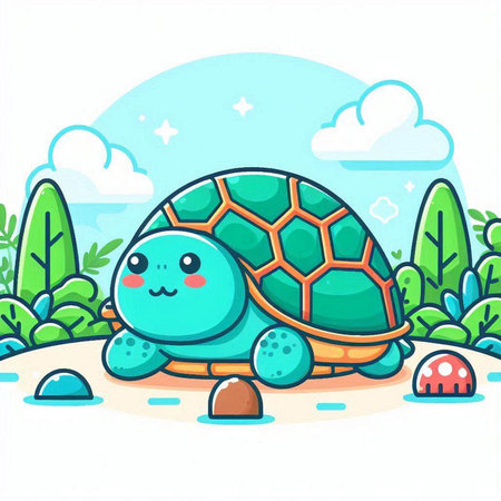 Cute turtle on the beach. Vector illustration in cartoon style.のイラスト素材