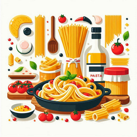 Spaghetti in a frying pan. Ingredients for cooking pasta. Vector illustration.のイラスト素材