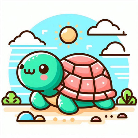 Cute cartoon turtle on the beach. Vector illustration in a flat style.のイラスト素材