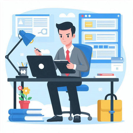 Businessman working on laptop at office desk. Flat style vector illustration.のイラスト素材