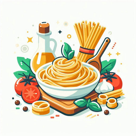 Spaghetti in bowl with ingredients for cooking. Vector illustration in flat styleのイラスト素材