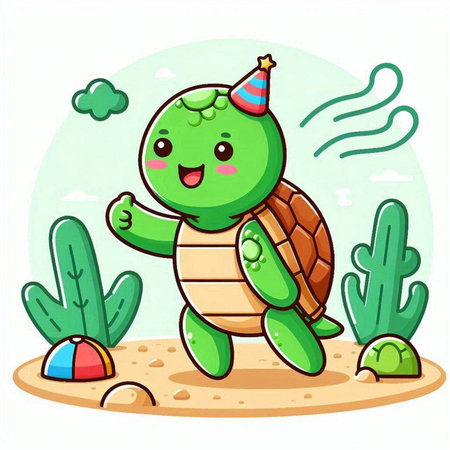 Cute turtle celebrating birthday. Vector illustration of a cartoon character.のイラスト素材