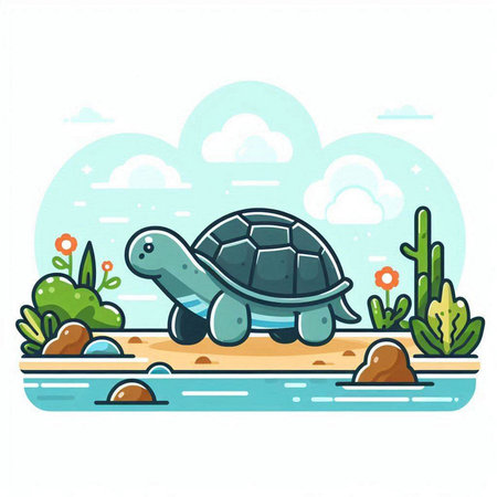 Turtle on the seashore. Vector illustration in cartoon styleのイラスト素材