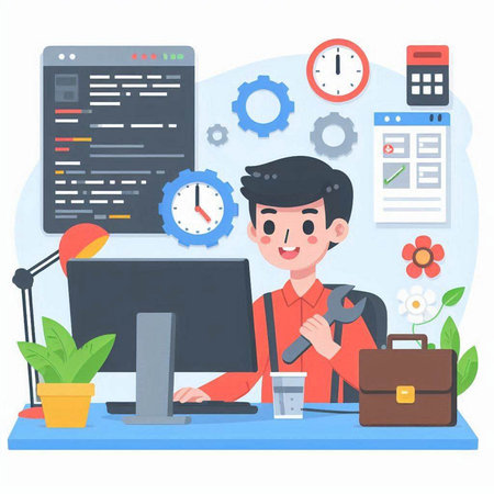 Programmer in the office. Vector illustration in a flat style.のイラスト素材